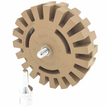 Folienradierer für Bohrmaschinen - Entfernt Aufkleber/Schriftzüge von Autos, Metall & Chrom - Ø 10 cm - Für Bohrmaschinen bis 4000 U/Min - inkl. Adapterdorn