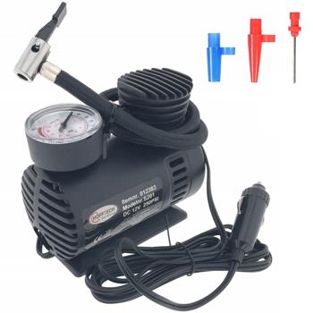 Luftkompressor mit Manometer - für Auto, Wohnwagen & Fahrräder - 12V, 250 psi, 2 Adapter, Nadelventil, 2.8m Kabel, 18-Zoll-Schlauch