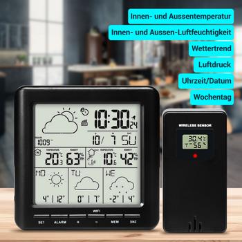Preview: WLAN-Wetterstation mit Aussensensor: 4-Tage-Prognose, App-Zugriff weltweit, Schwarz – Übersichtliches Display für genaue Wetterdaten