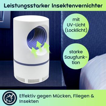 Preview: Leistungsstarker Insektenvernichter mit Saugfunktion & UV-Licht, Ø 12,4 x 22 cm, geräuscharm & effektiv gegen Mücken, Fliegen & Insekten, weiss