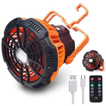 Preview: Camping Ventilator mit LED-Licht + Powerbank (5200mAh): 13x17cm, orange-schwarz - Starker Akku, ideal für Outdoor Abenteuer