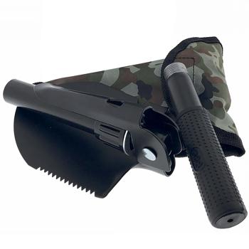 Preview: Mini-Klappspaten - Mit Spitzhacke, Säge & Flaschenöffner für Camping, Zelten, Angeln, Outdoor - 440g, gezähntes Schaufelblatt, 41x10cm ausgeklappt