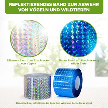 Preview: Reflektorband Set, 2x 38 Meter, silber & blau – Schützt vor Vögeln & Wildtieren, reflektierend & abschreckend