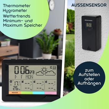 Preview: Profi Funk-Wetterstation mit 3 Aussensensoren  - Behalten Sie 4 Zonen im Blick für maximale Übersicht & Kontrolle - inkl. Funkwecker & XL-Display