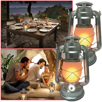 2er-Set LED-Sturmlaterne mit Flammen-Effekt, silber – Aluminium, 15x24cm, atmosphärische Beleuchtung für Garten & Terrasse