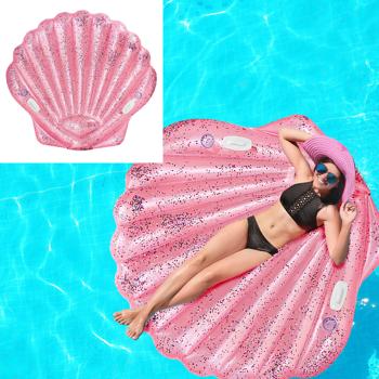 Muschel Luftmatratze – Rosa Glitzer Schwimminsel mit Getränkehaltern – 178x165x24 cm aufblasbar für Pool, See & Meer – Ideal zum Bräunen & Entspannen