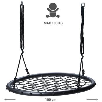 Preview: Robuste Netzschaukel, Ø 100cm, max. 100kg, schwarz – Komfortable Hängeschaukel inkl. Befestigung für Garten & Terrasse