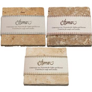 3er Set Seifenablagen aus Travertin, quadratisch - Handgefertigt, gesundheitlich unbedenklich, 3 Farbkombinationen - 10x10cm für Bad & WC