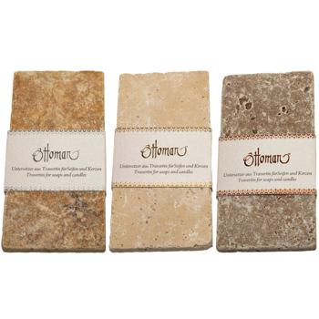 3er Set Seifenablagen aus Travertin rechteckig - handgefertigt für Bad & WC - 3 Farbkombinationen gold-gelb hellbeige kräftig-braun 14.5 x 7 cm