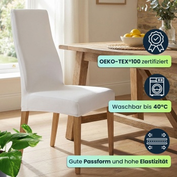 Preview: Edler Stuhlbezug, weiss, 2er-Set, aus Stretch mit Lehnenbezug, OEKO-TEX Standard 100, waschbar bis 40°C, Schutz vor Abnutzung