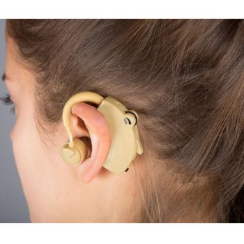 Preview: 2er-Set Hörverstärker mit Bügel - Mini-Hörgerät für Gespräche & Alltagsgeräusche - klare Klangqualität, inkl. 3 Ohrstöpsel & 3 Batterien AG13 (6,5x5x1cm)