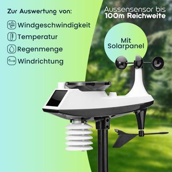 Preview: Premium WLAN Wetterstation m. XL-Farbdisplay, Aussensensor, App-Daten, Messung von Temperatur, Regenmenge, Windgeschwindigkeit u. Richtung, Luftdruck