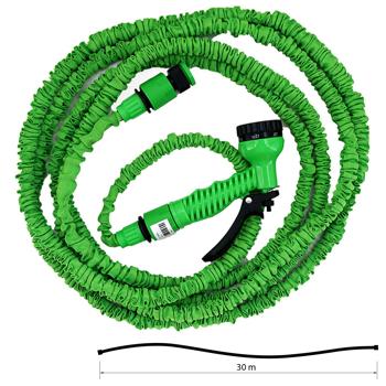 Preview: Flexibler, dehnbarer Gartenschlauch 10-30 m mit hochwertigem Sprühkopf – grün, knickfrei, platzsparend, langlebig & perfekt für die Bewässerung