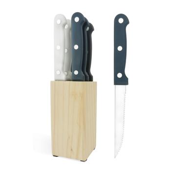 Steakmesser-Set 6tlg. mit Holzblock - Gezackte Edelstahlklingen, ergonomische Griffe in 3 Farben - Für Fleisch, Pizza & Gemüse - Rostfrei & spülmaschinenfest