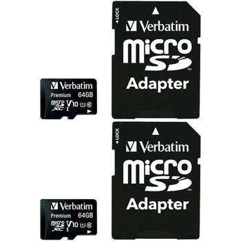 2er-Set Verbatim Premium microSDXC-Speicherkarte 64 GB - Blitzschnelle Datenübertragung für Smartphones & Kameras - 90 MB/s Lesen - Class 10 U1