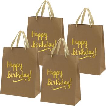 4er-Set Geschenktüte Happy Birthday aus Kraftpapier – mit Henkel – 27x34x15 cm – Nachhaltige Geschenkverpackung für Süssigkeiten & Mitgebsel