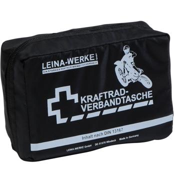 Preview: Motorrad-Verbandtasche - DIN 13167 Inhalt - Schwarz, klein & handlich - Wasserabweisend, Klettverschluss - Notfall-Zubehör 150x50x100mm