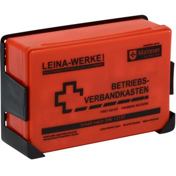 Betriebsverbandkasten klein orange - bruchsicher, Gummidichtung, 30-tlg. Pflasterset, sterile Verbandpäckchen - DIN 13157, 25.5x16.6x8cm