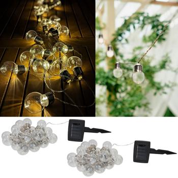 2er-Set LED-Lichterkette mit 20 Glühbirnen-LEDs - Solarbetrieben für Gartenfeste & Balkondeko - 3,8m warmweiss, Dämmerungs-Sensor, IP44