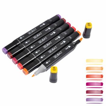 Preview: Doppelspitzen-Marker 6er-Set – Ideal für Schule, Uni, Büro, Malen, Zeichnen, Markieren – Warme Farben - Feine & breite Spitze – Textmarker & Filzstifte