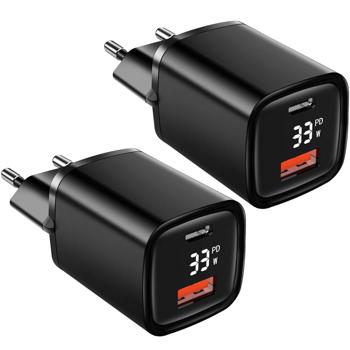 2er-Set Leistungsstarkes USB Netzteil Dual Port, USB-C und USB-A, 33 Watt Schnellladegerät, schwarz, Power Delivery und Quick Charge