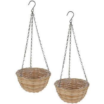 Preview: 2er-Set Hängeblumentopf Weidengeflecht - Blumenampel mit Kette & Haken - 30x16,5cm - Braun/Silber - Vintage Deko für Balkon, Terrasse & Wohnzimmer