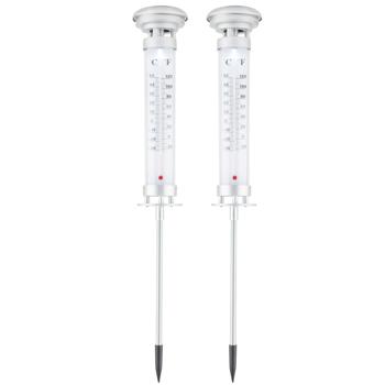 Preview: 2er-Set Solar-Gartenlampe mit Thermometer - LED Wegeleuchte für Beet & Rasen - Aussenthermometer (Ø 9x57cm) - Dämmerungssensor - Li-Ion Akku 600mAh
