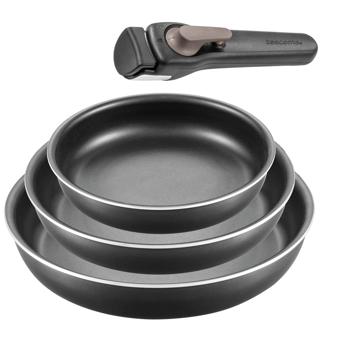 Preview: Multifunktionales Bratpfannen-Set (3-teilig) mit abnehmbarem Griff: Antihaftbeschichtung, schwarz –  ideal zum Braten, Schmoren & Backen