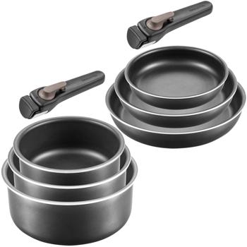 Robustes Kochgeschirr-Set mit abnehmbaren Griff, 3 Töpfe, 3 Pfannen, antihaftbeschichtet, ergonomische Griffe