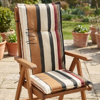 Preview: 2er-Set Stilvolle Hochlehner-Auflagen mit Streifenmuster, Erdtöne, 123x50x6 cm – Edles Design für bequeme Stunden auf Ihrem Gartenstuhl