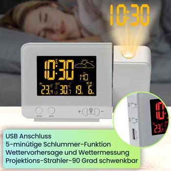 Preview: 2-in-1 Projektionswecker & Funk-Wetterstation mit USB-Port – Wecker mit Aussensensor, projiziert Uhrzeit in 8 Farben an Wand & Decke