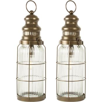 Preview: 2er-Set Stilvolle LED-Laterne im Vintage-Look, bronze-braun, H38cm – Batteriebetrieben, für nostalgische Beleuchtung im Industrial-Design