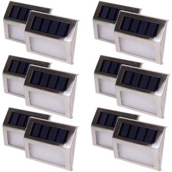 Preview: Solar-LED-Aussenwandleuchten-Set 12 Stück - Automatische Einschaltung Dämmerungssensor - Edelstahl IP44 - 3 SMD-LEDs - 10x8x2.2cm - Max 6h Leuchtdauer