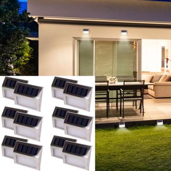 Solar-LED-Aussenwandleuchten-Set 12 Stück - Automatische Einschaltung Dämmerungssensor - Edelstahl IP44 - 3 SMD-LEDs - 10x8x2.2cm - Max 6h Leuchtdauer