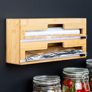 Folienspender Bambus 2in1 - Für 2 Rollen bis 30,5 cm - Integrierter Folienschneider für Alu-, Back- & Frischhaltefolie - Wandmontage möglich - 35x15x7,5 cm