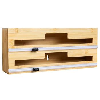 Preview: Folienspender Bambus 2in1 - Für 2 Rollen bis 30,5 cm - Integrierter Folienschneider für Alu-, Back- & Frischhaltefolie - Wandmontage möglich - 35x15x7,5 cm