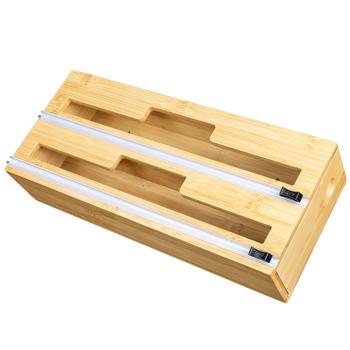 Preview: Folienspender Bambus 2in1 - Für 2 Rollen bis 30,5 cm - Integrierter Folienschneider für Alu-, Back- & Frischhaltefolie - Wandmontage möglich - 35x15x7,5 cm