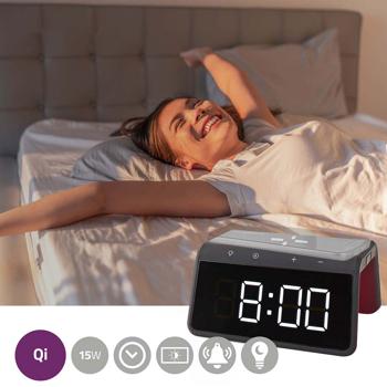 Preview: Wecker mit kabelloser Ladestation - Nachtlicht 8 Farben & Qi-Ladefunktion für Handy - USB-A-Anschluss, 2 Alarmzeiten, dimmbares Display, schwarz
