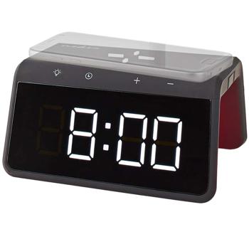 Preview: Wecker mit kabelloser Ladestation - Nachtlicht 8 Farben & Qi-Ladefunktion für Handy - USB-A-Anschluss, 2 Alarmzeiten, dimmbares Display, schwarz