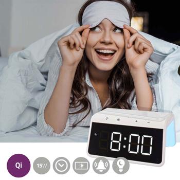 Preview: Wecker mit kabelloser Ladestation - Qi-Laden, Nachtlicht & USB-A-Anschluss - Dimmbares Display, 2 Alarme, 15W Schnellladefunktion, weiss (ABS)