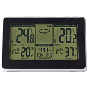 Preview: Funk Wetterstation - Innen-/Aussentemperatur/Luftfeuchtigkeit - 433 MHz Aussensensor, Wecker, LCD-Display, schwarz/silber, batteriebetrieben