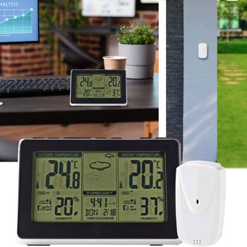 Funk Wetterstation - Innen-/Aussentemperatur/Luftfeuchtigkeit - 433 MHz Aussensensor, Wecker, LCD-Display, schwarz/silber, batteriebetrieben