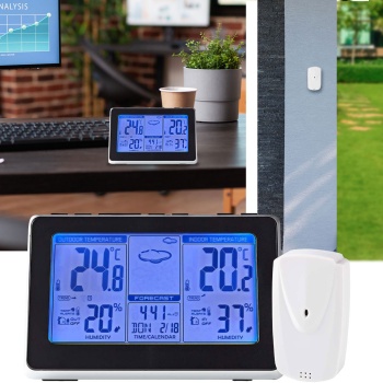 Funk Wetterstation - Innen-/Aussentemperatur/Luftfeuchtigkeit - 433 MHz Aussensensor, Wecker, LCD-Display, schwarz/silber, batteriebetrieben