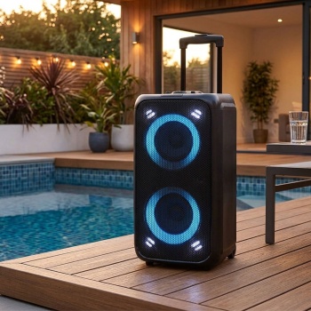 Hochwertiger grosser Bluetooth Lautsprecher mit Beleuchtung, Subwoofer und Mikrofon-/Gitarreneingang, Karaoke Box, Kabelloser Trolley-Lautsprecher, AUX, USB
