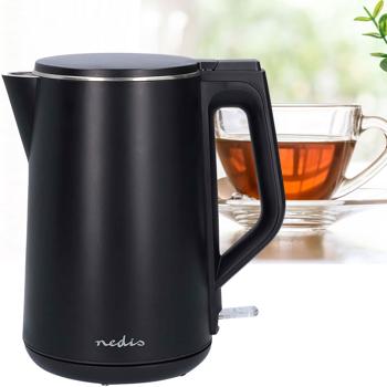 Eleganter, doppelwandiger Wasserkocher in Schwarz, 1,5L – Robust, pflegeleicht & energiesparend – Stilvolles Küchenhighlight