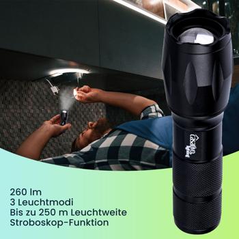 Preview: Besonders helle 2in1 LED-Taschenlampe (260 lm) plus Powerbank zum Laden von Smartphones, 1800mAh Li-Ion-Akku, IP44, wiederaufladbar, 3 Leuchtmodi