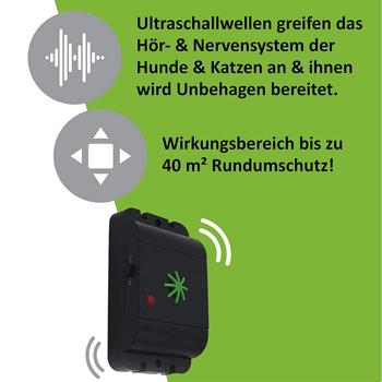 Preview: Effektiver Hunde- & Katzenvertreiber mit Ultraschall & Tönen – Frequenz 16-60 kHz, schützt bis zu 40 m², tierfreundlich, wetterfest & einfach