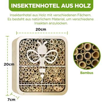Preview: Hochwertiges Insektenhotel ’’Biene’’, kinderfreundlich, Naturholz, 20 x 20 x 7 cm, betet Wildbienen, Hummeln & Co. ein sicheres Zuhause