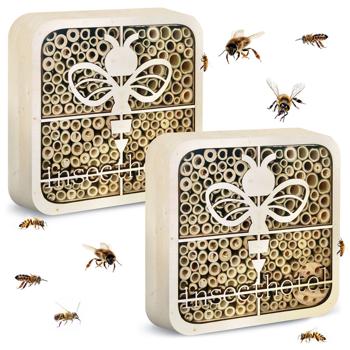 2er-Set Hochwertiges Insektenhotel ’’Biene’’, kinderfreundlich, Naturholz, 20 x 20 x 7 cm, betet Wildbienen, Hummeln & Co. ein sicheres Zuhause