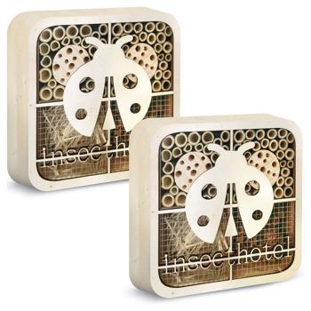 Preview: 2er-Set Einzigartiges Marienkäfer-Insektenhotel, Naturholz, 20x20x7cm – kinderfreundliches & originelles Design, liebevolles Zuhause für Nützlinge